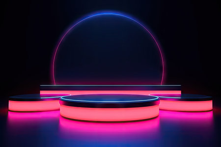 Neon lit abstract background with podiums showcasing products in stylish geometric shapesの素材