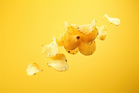 Potato slices transforming into chips on yellow backdropの素材