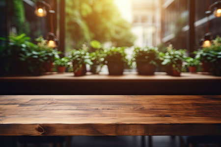 Product display mockup on wood table in modern restaurant or coffee shop with blurry background Inteの素材