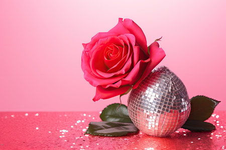 Retro celebration party aesthetic with pink roses red lipstick and shiny disco balls on a bright pinの素材