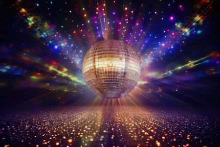 Photo of an illuminating disco ball at a nighttime partyの素材