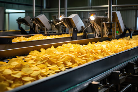 Potato chip manufacturing at the factory Machines for packing chips and snacksの素材