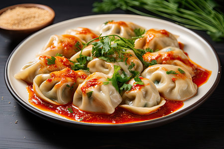 of Georgian meat dumplings Khinkali with spicy tomato sauce Satsebeli on a white plateの素材