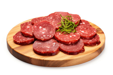 Salami on wooden board white backgroundの素材