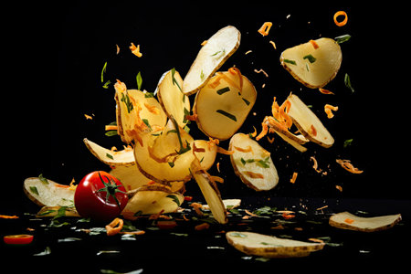 Potato chips in flight garnished with onions and peppers on a dark backdropの素材