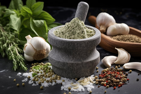 Preparation of garlic peppercorns and coriander roots in a mortar and pestle for cookingの素材