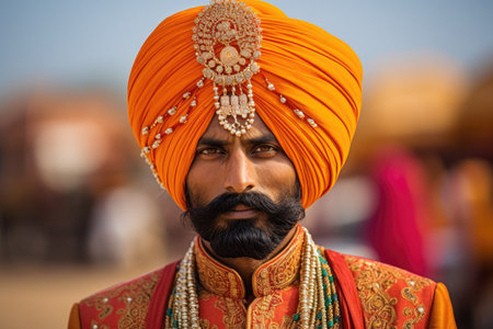 Rajasthani turban traditionally worn in Indian weddingsの素材