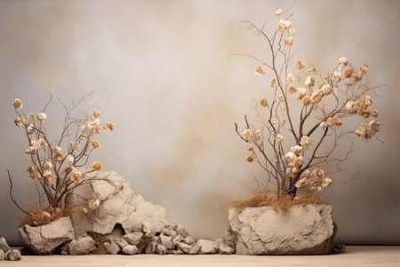 Product presentation with a beautiful background made of natural materials including an empty podiumの素材