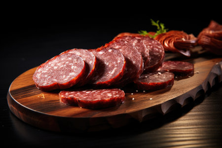 Smoked sausage sliced on wooden board on black backgroundの素材