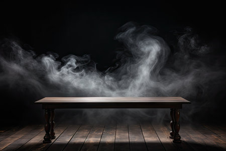 Smoke rising from a dark background over an empty wooden tableの素材