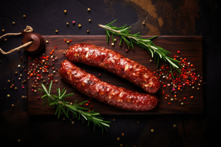 Smoked salami with spices sliced topped with rosemary top view space for textの素材
