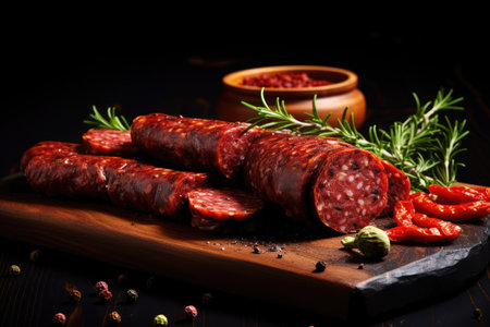 Smoked spiced salami on a black board with dark backdropの素材