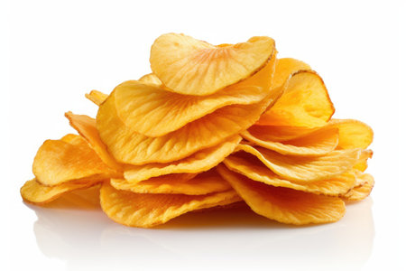 Stack of potato chips up close on white background Separateの素材