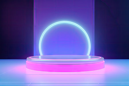 Surreal stage with circle podiums and arches on holographic neon background for cosmetic mockup presの素材
