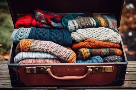 Stack of vintage wool socks in old suitcases autumnal knitsの素材
