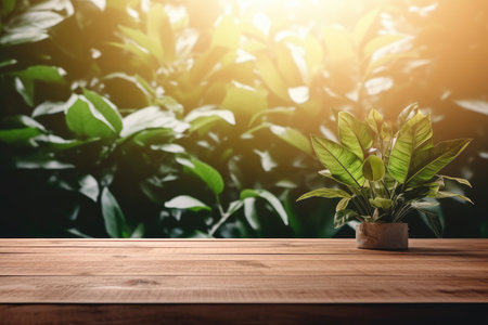 Sunlight filtering through a window casts leaf shadows on a wooden table background with a blurry waの素材