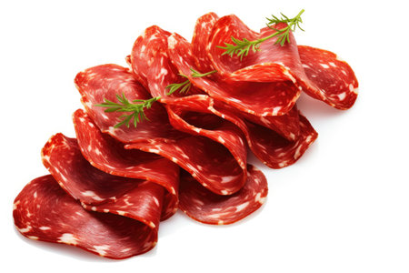 Sliced salami twisted on white backdropの素材