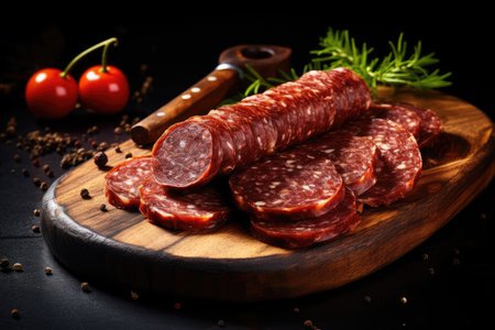 Smoked salami with spices arranged on a black board set against a dark backgroundの素材