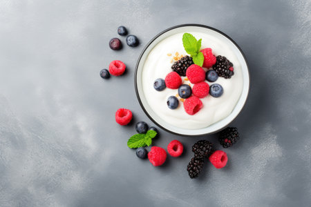 Top view of a healthy breakfast fresh yogurt with fruits and berries promoting a concept of nutritioの素材