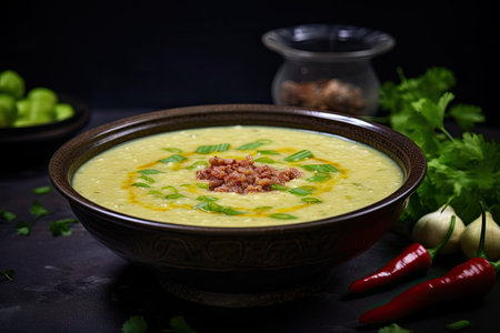 Tasty homemade leek soup with minced meat and chili on marble surfaceの素材