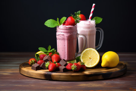 Strawberry vanilla chosodate and lemon milkshake on a wooden plate with light grey backgroundの素材