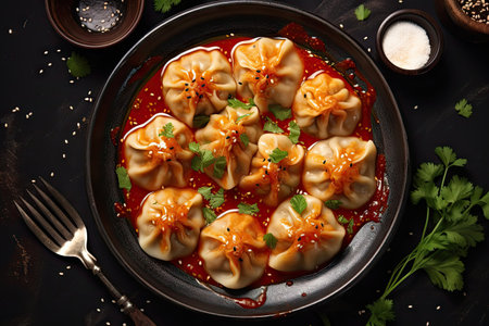Top view of menu with place for text showcasing Georgian dumplings Khinkali with meat and spicy saucの素材