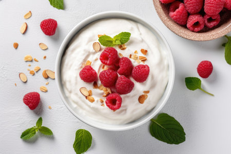 Top view flat lay of a healthy breakfast bowl with Greek yogurt raspberries and granola ingredientsの素材