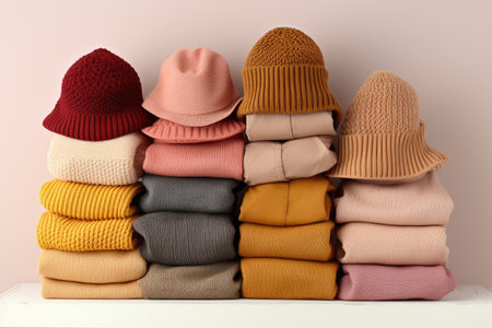Stacked warm sweaters and felt hats on white backgroundの素材