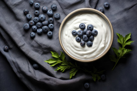 Top view of yogurt and blueberries in a bowl on a tableの素材