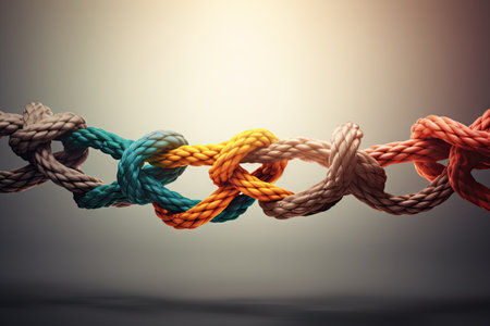 Team unity and teamwork as a metaphor for joining diverse ropes together as a symbol of cooperationの素材