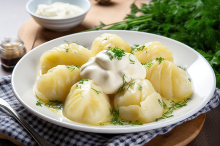 Traditional Ukrainian and Russian food boiled dumplings with potatoes against a white backgroundの素材