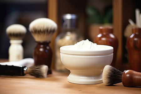 Shaving brush and bowl salon background with barber shopの素材