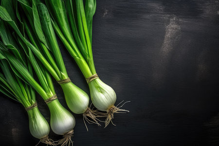 Top view of organic green leeks on textured black surfaceの素材