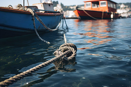 The rope secured the boat in the harborの素材