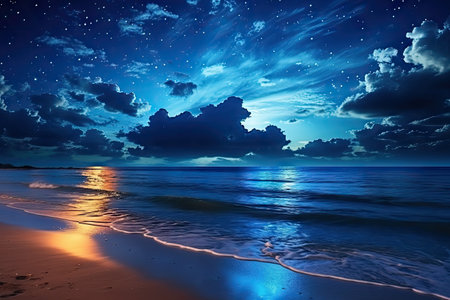 Stunning view of the sea with blue sky clouds and full moon at night Tranquil nature background captの素材