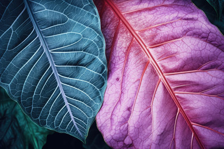 Two vibrant natural tropical leaf textures with gradient colors in green and purple pink blue violetの素材