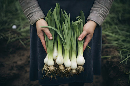 Woman outdoors holding fresh raw leeks from aboveの素材