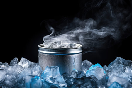 Unbranded cold aluminum can with icy vapor on ice cube backgroundの素材