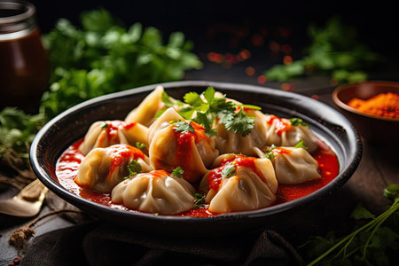 Traditional Georgian dish of Khinkali with tomato sauce and cilantro on a rustic stone backgroundの素材