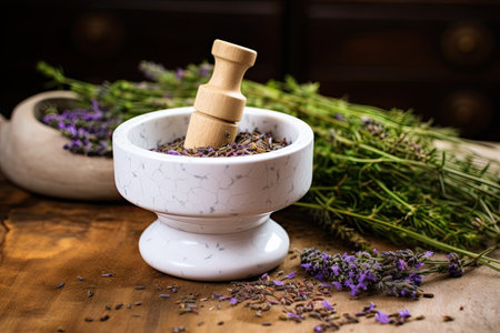 White ceramic mortar and pestle used for healing herbsの素材