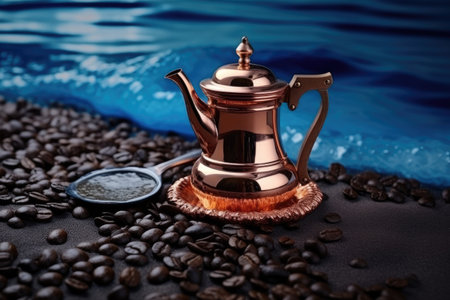 Turkish coffee served in a copper pot on blue sand during a coffee breakの素材