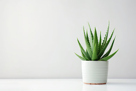 White table with a potted aloe vera plant on it front view providing space for text or mockupの素材