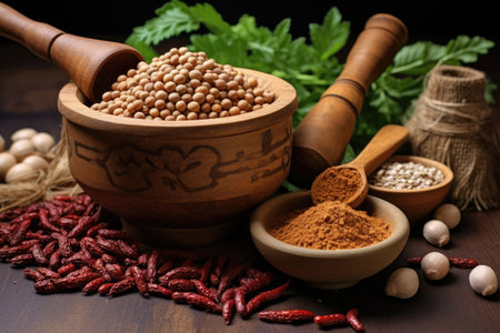 Wooden mortar and pestle table with 3 bowls of chickpeas red beans and lentilsの素材
