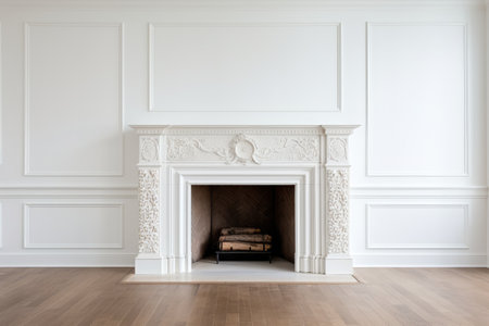 Wooden fireplace surround and white walls in a Victorian styleの素材