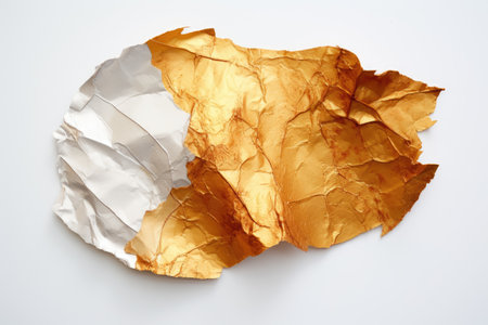 Torn metallic leaf on white background with gold and bronze shadesの素材