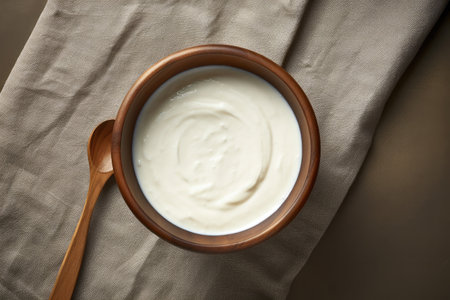 Yogurt in a wooden bowl from aboveの素材