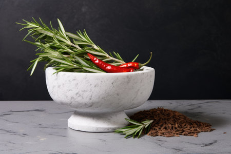 White mortar with pepper and rosemary on a gray stone backdropの素材