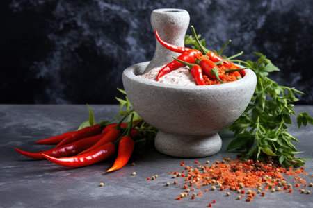 White pepper and spices on a gray stone backdropの素材