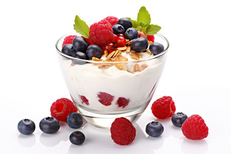 Yogurt muesli and berries on white backgroundの素材