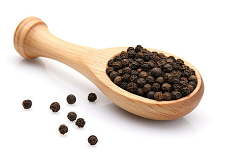 Wooden scoop with black peppercorns isolated on whiteの素材